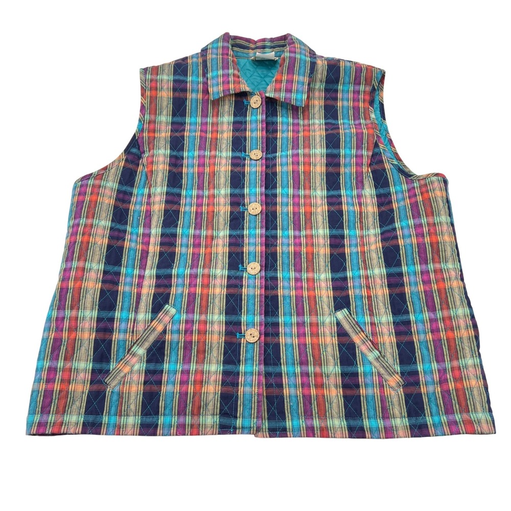 Company Collection Plaid Quilted Vest Women's‎ Size L Button Front Teal Lining